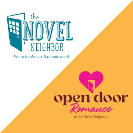 The Novel Neighbor logo, blue text on white background, and Open Door Romance logo, brown and pink text on a yellow background.