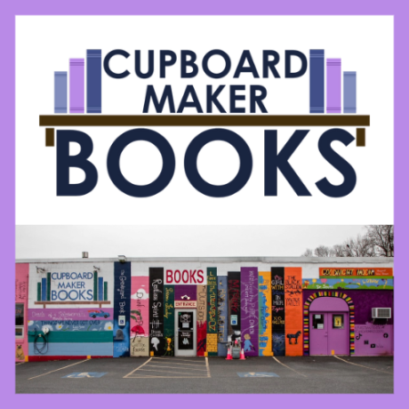 The logo Cupboard Maker Books and an exterior photo of the building, which has been painted with the spines of popular books.