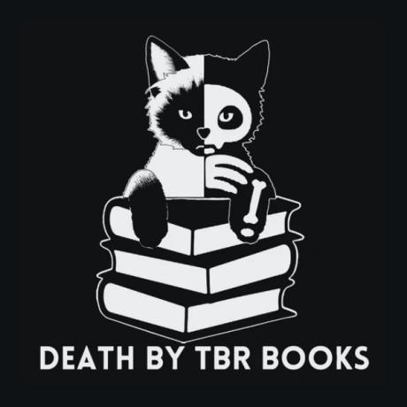 The Death By TBR Books logo. A cat, half skeleton, sits atop a pile of books.