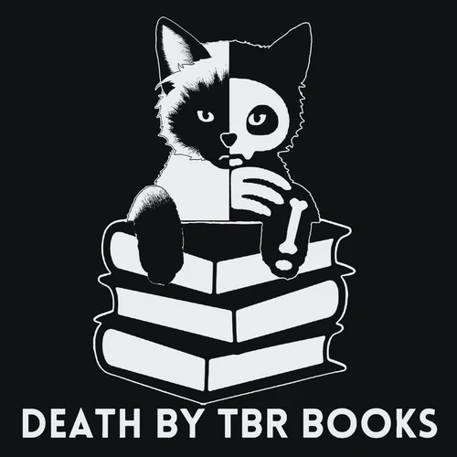 The Death By TBR logo. A black and white image of a cat, half skeleton, atop a stack of books.