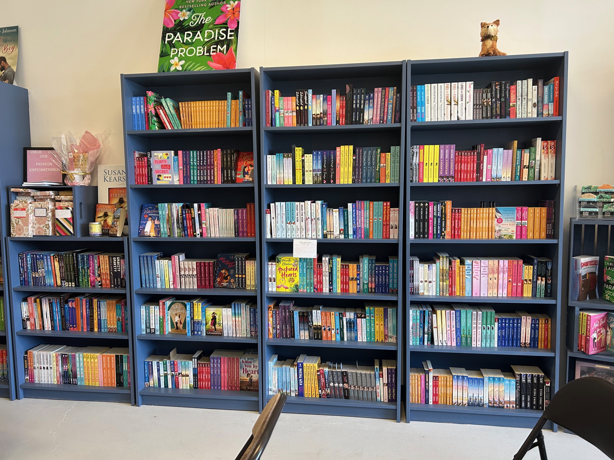 Blue bookshelves full of romance titles.